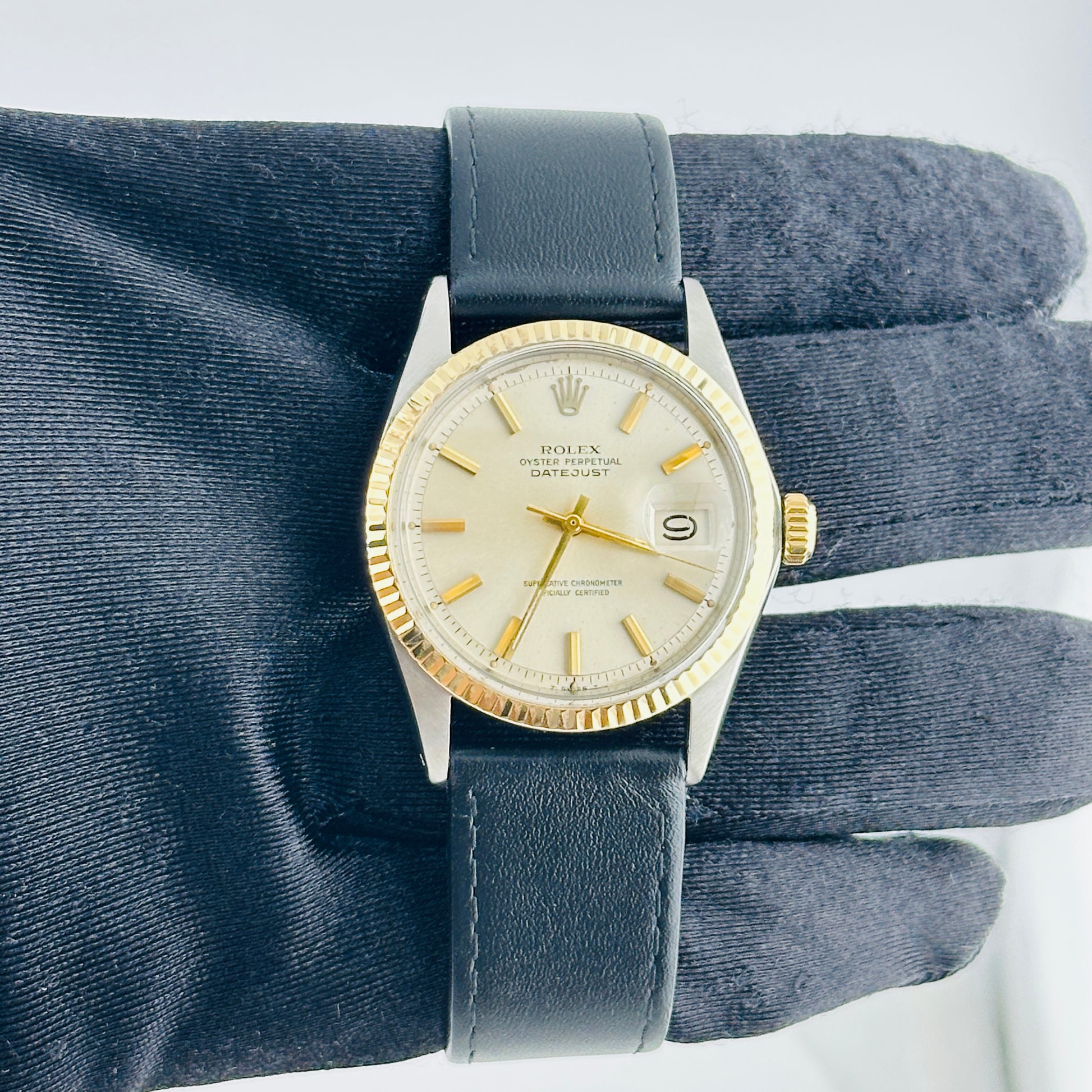 Rolex Datejust Silver / Gold Stick Dial on Generic Leather Band Ref. 1601 1970