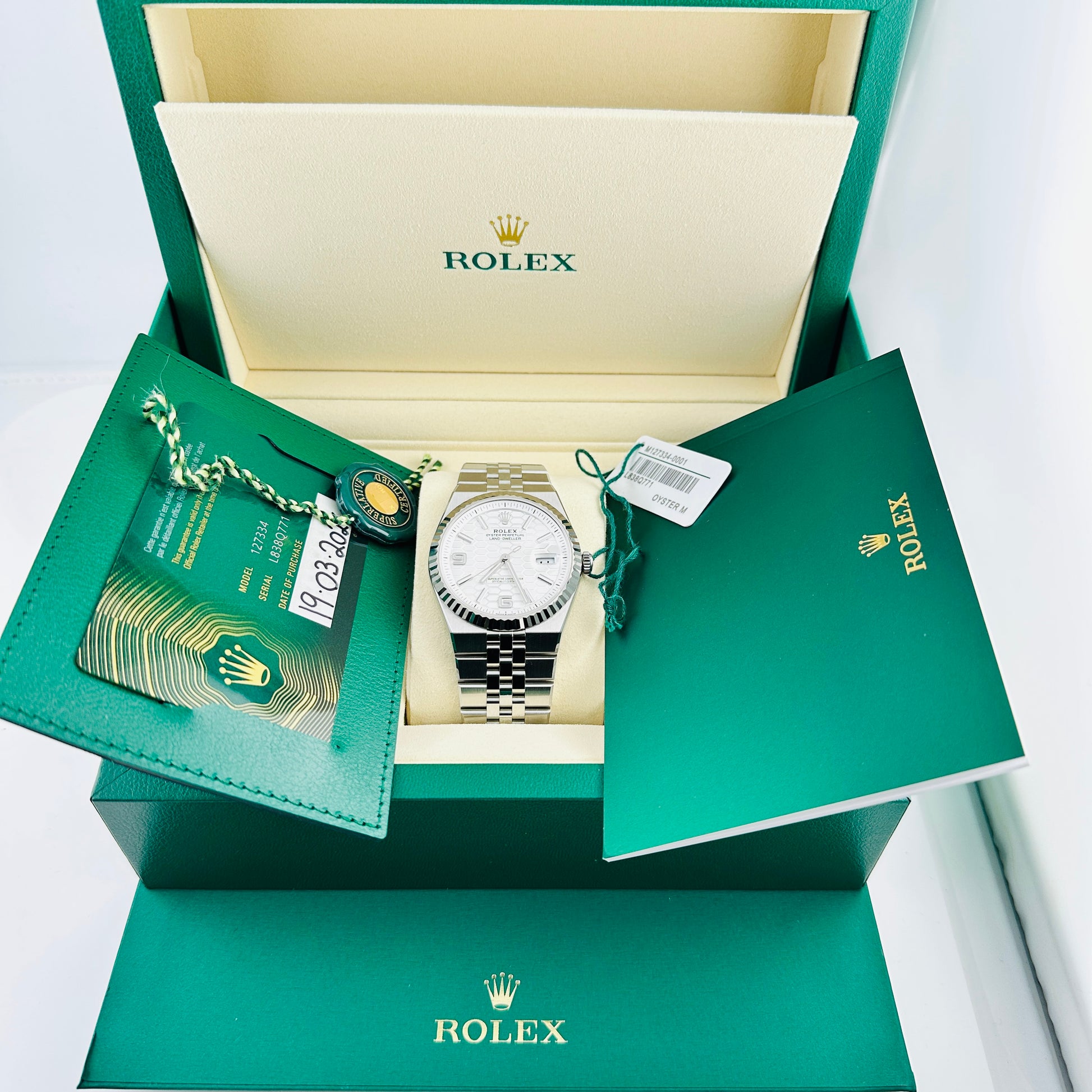Rolex Land-Dweller White Honeycomb Dial on Flat Jubilee Ref. 127334 Card 2026 — view 7