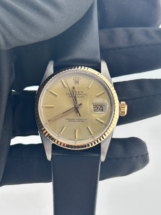 Rolex Datejust 36 Champagne Stick Dial on Generic Black Leather Band Ref. 16013