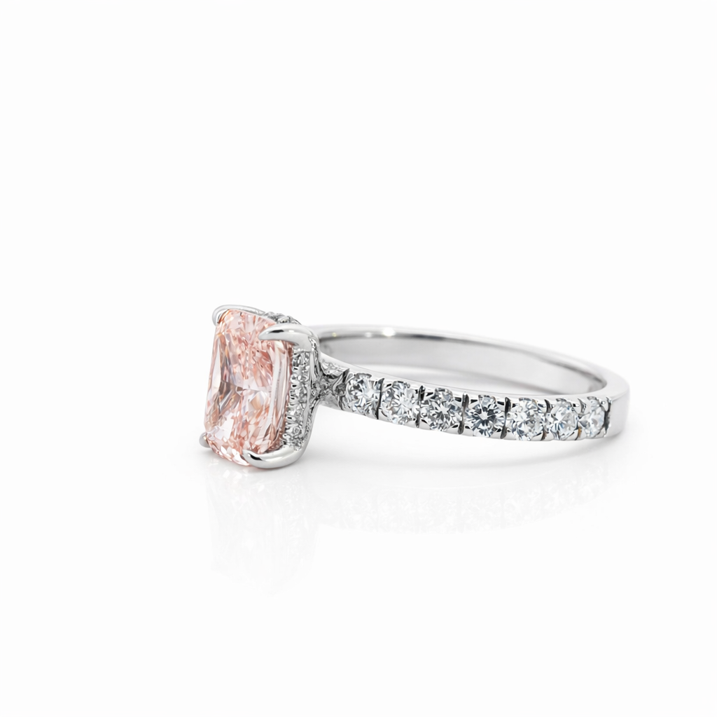 Pink Cushion & Round Lab Diamond Engagement Ring - 14K Gold