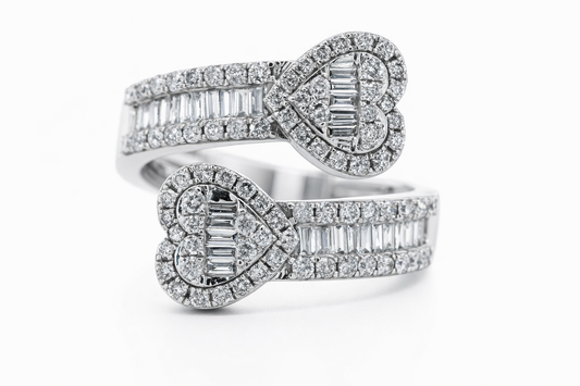 14K White Gold Heart Diamond Open End Cuff Ring - 1.05 CTW