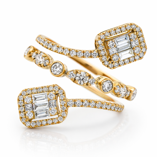 Anillo de moda de oro amarillo de 14 quilates con diamantes redondos tipo baguette, 1,10 CTW