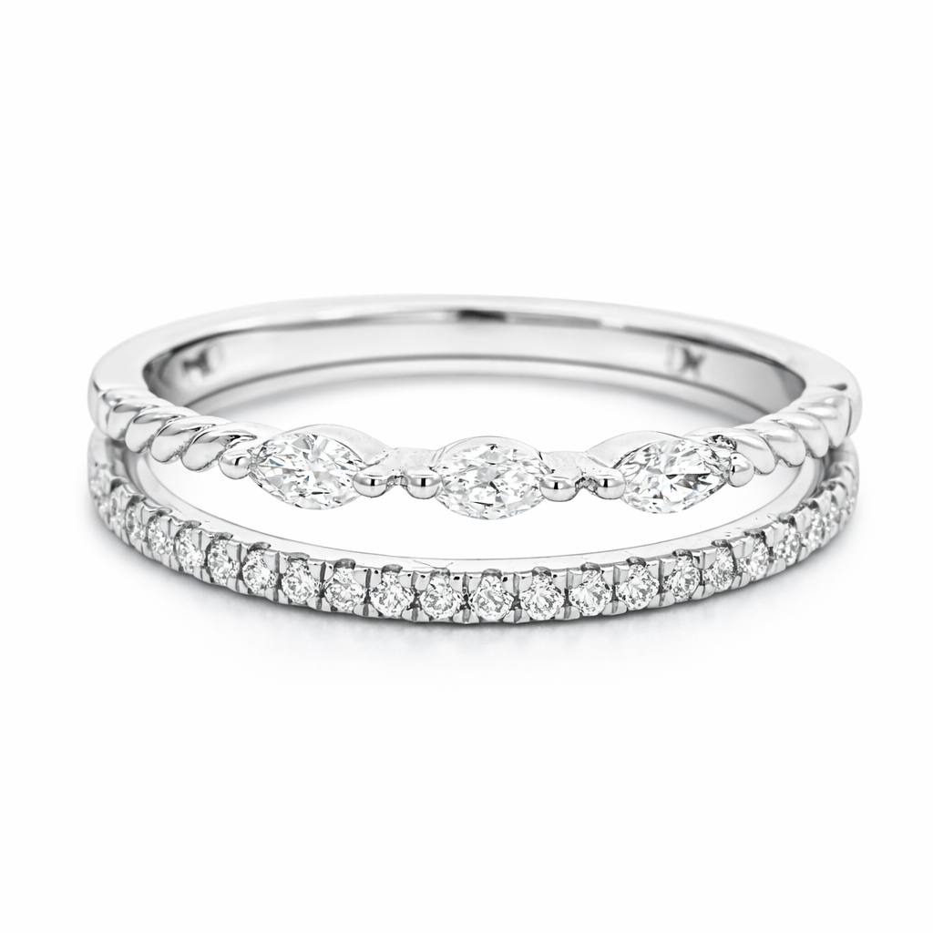 14k White Gold Double Stack W/Marq & Rd Dia. Ring Size 7 - Fine Jewelry | Bust Down & Co