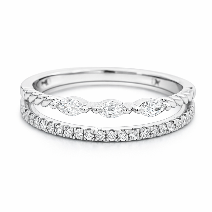 Anillo de moda de oro blanco de 14k con doble banda de 0,33ct con diamantes talla marquesa y redonda. Talla 7