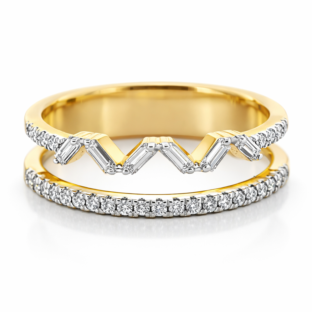 14k Yellow Gold Double Stack W/Bgt & Rd Dia. Ring Size 7 - Fine Jewelry | Bust Down & Co