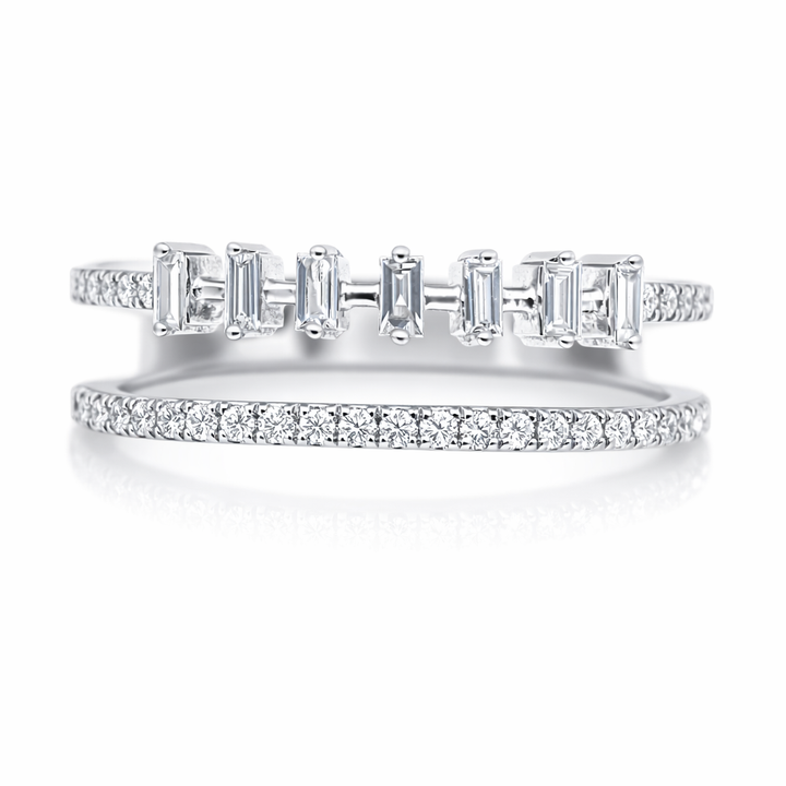 Anillo de moda de oro blanco de 14k y 0.35ct de doble apilado con diamantes baguette y redondos, talla 7