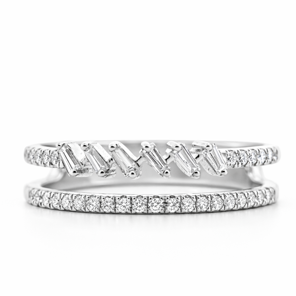 14k White Gold Double Stack W/Bgt & Rd Dia. Ring Size 7 - Fine Jewelry | Bust Down & Co