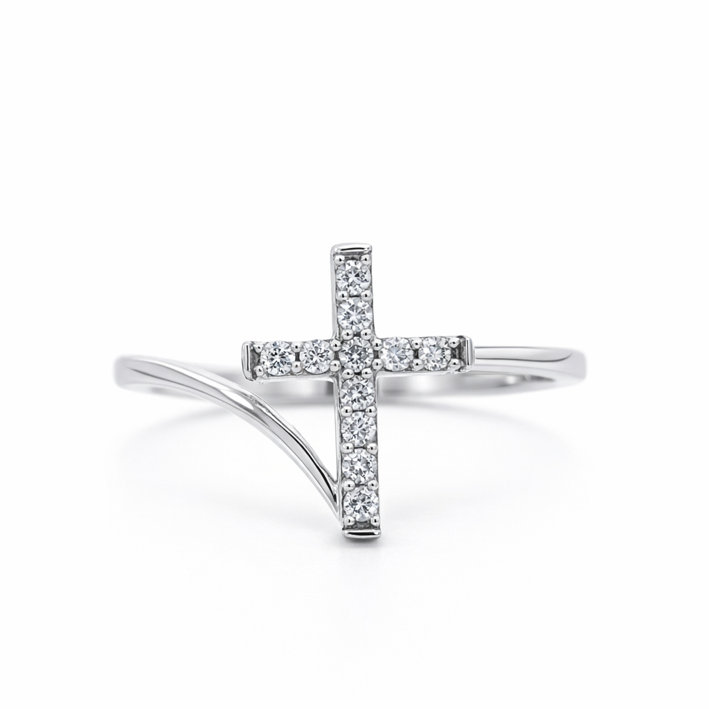 10K White Gold Diamond Cross Fashion Ring - 0.17 CTW