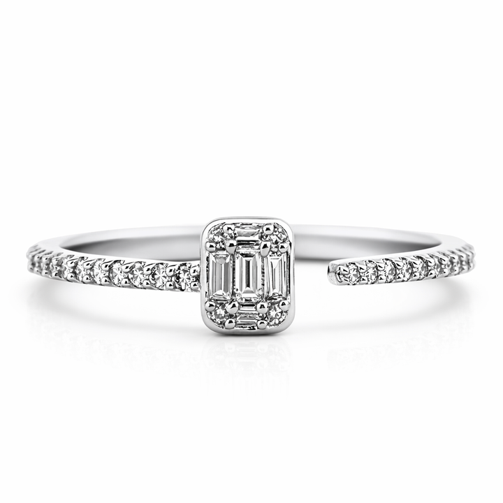 Anillo de moda de oro blanco de 14k con diamantes de talla baguette y redonda de 0.18 ct, talla 7