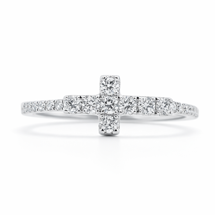 Anillo Cruz de Moda de Oro Blanco de 14k con Diamantes de 0.30ct. Talla 6.5"