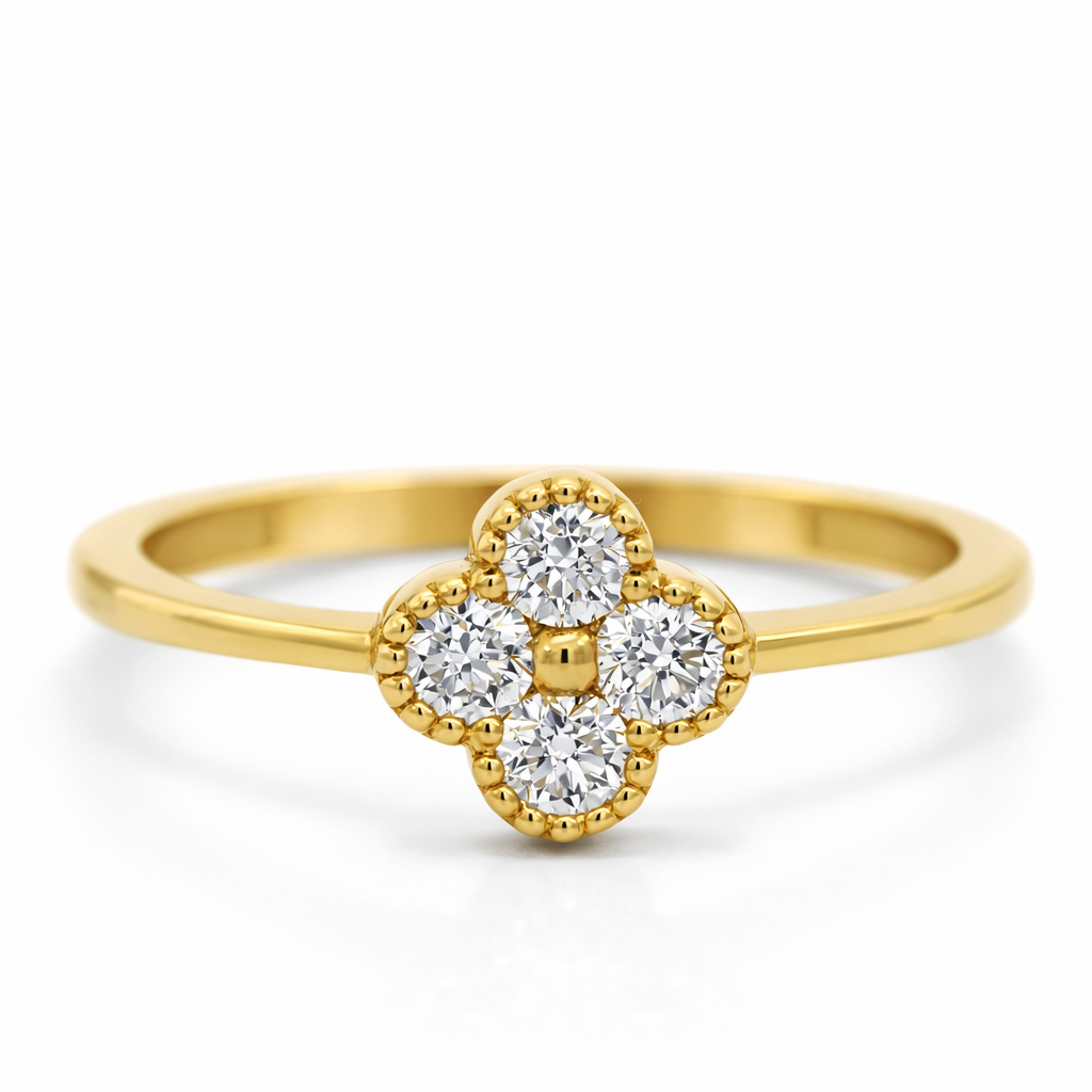 18k Yellow Gold Single Clover Diamond Ring Size 7.5 View 2 - Fine Jewelry | Bust Down & Co