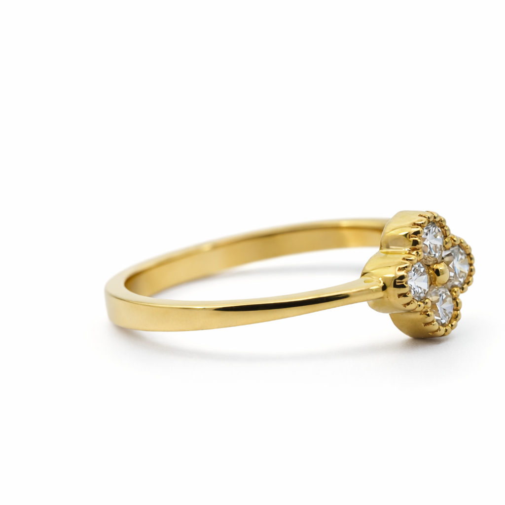 18k Yellow Gold Single Clover Diamond Ring Size 7.5 View 3 - Fine Jewelry | Bust Down & Co