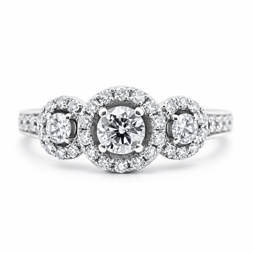 14k White Gold 3 Stone W/ Halo Ring Size 6 - Fine Jewelry | Bust Down & Co