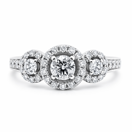 14k White Gold 3 Stone W/ Halo Ring Size 6 - Fine Jewelry | Bust Down & Co