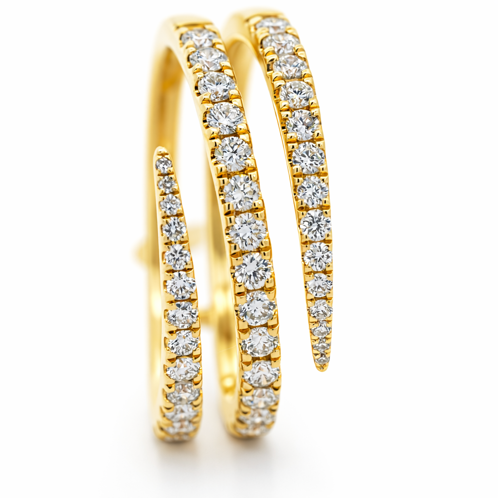 14k Yellow Gold 3-Row Diamond Pointed Ends Ring View 2 - Fine Jewelry | Bust Down & Co