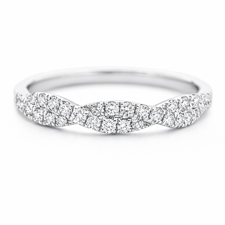 Anillo de moda de oro blanco de 14k de 0.30ct y 1.80g con dos hileras de diamantes estilo cuerda