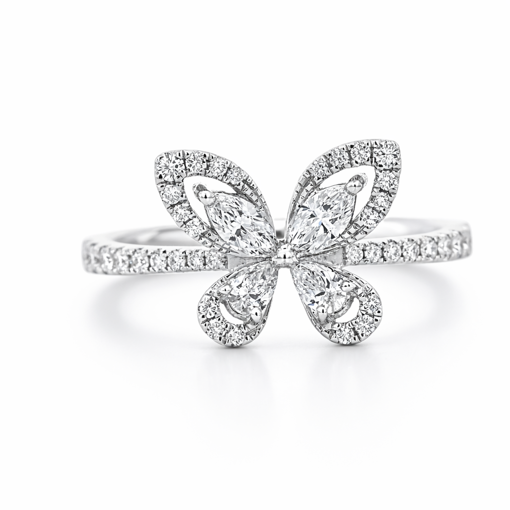 14k White Gold Butterfly W/ Marq.,Pear, Round Diamond Ring - Fine Jewelry | Bust Down & Co