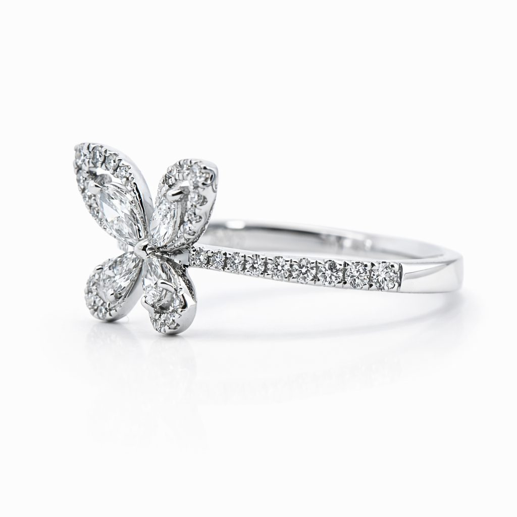 14k White Gold Butterfly W/ Marq.,Pear, Round Diamond Ring View 3 - Fine Jewelry | Bust Down & Co