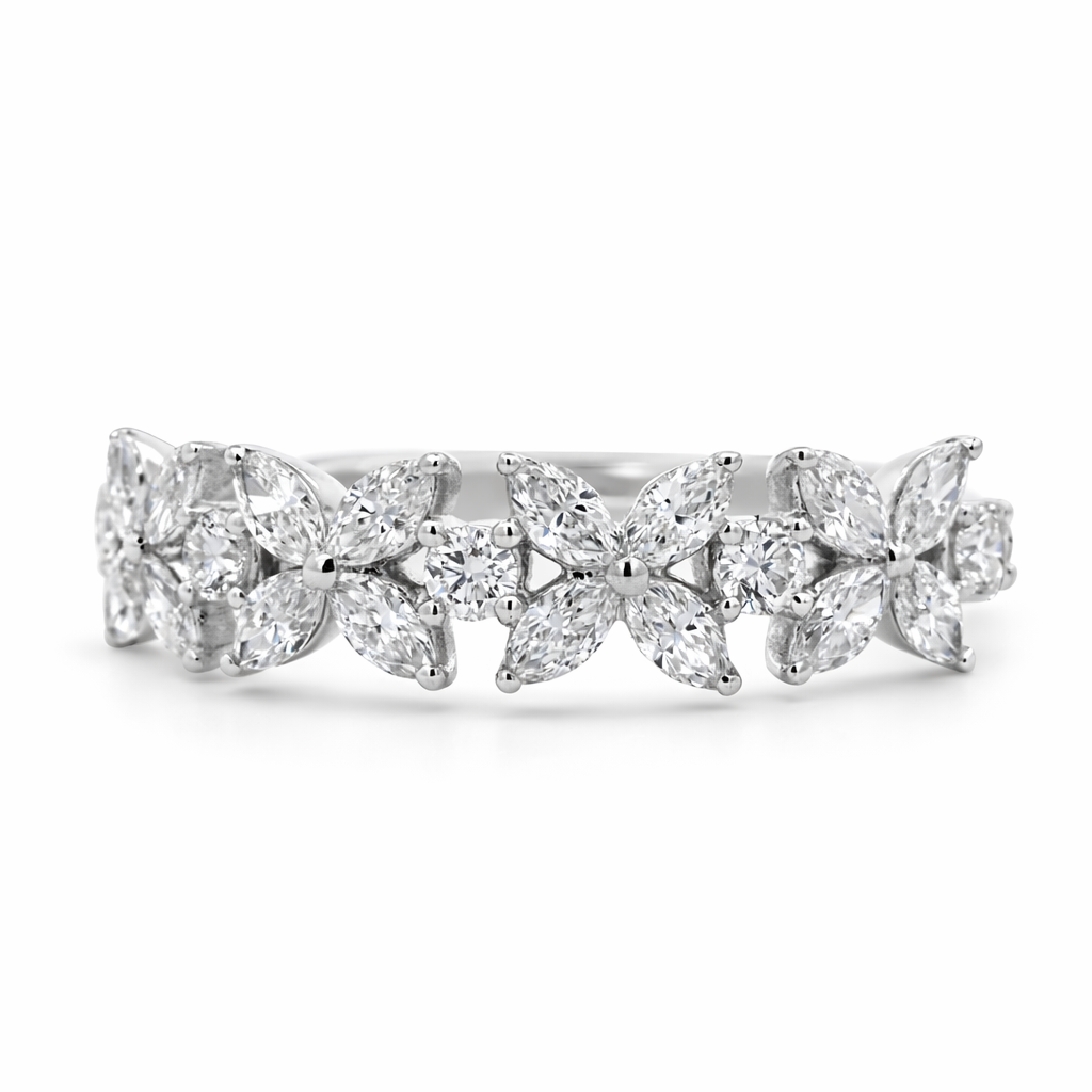 14k White Gold Flower W/ Marquise Diamond Style Ring - Fine Jewelry | Bust Down & Co