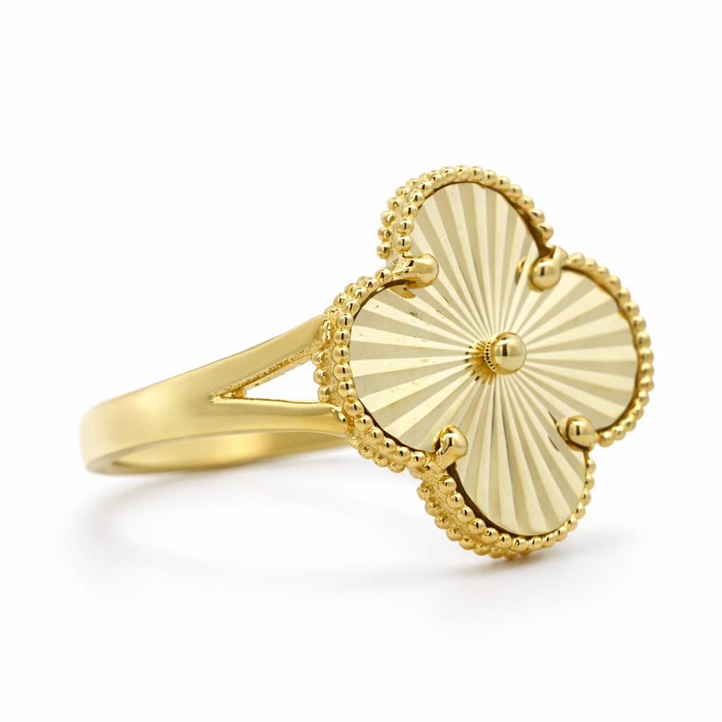 14K Yellow Gold Single Clover Flower CNC Ring - Size 8