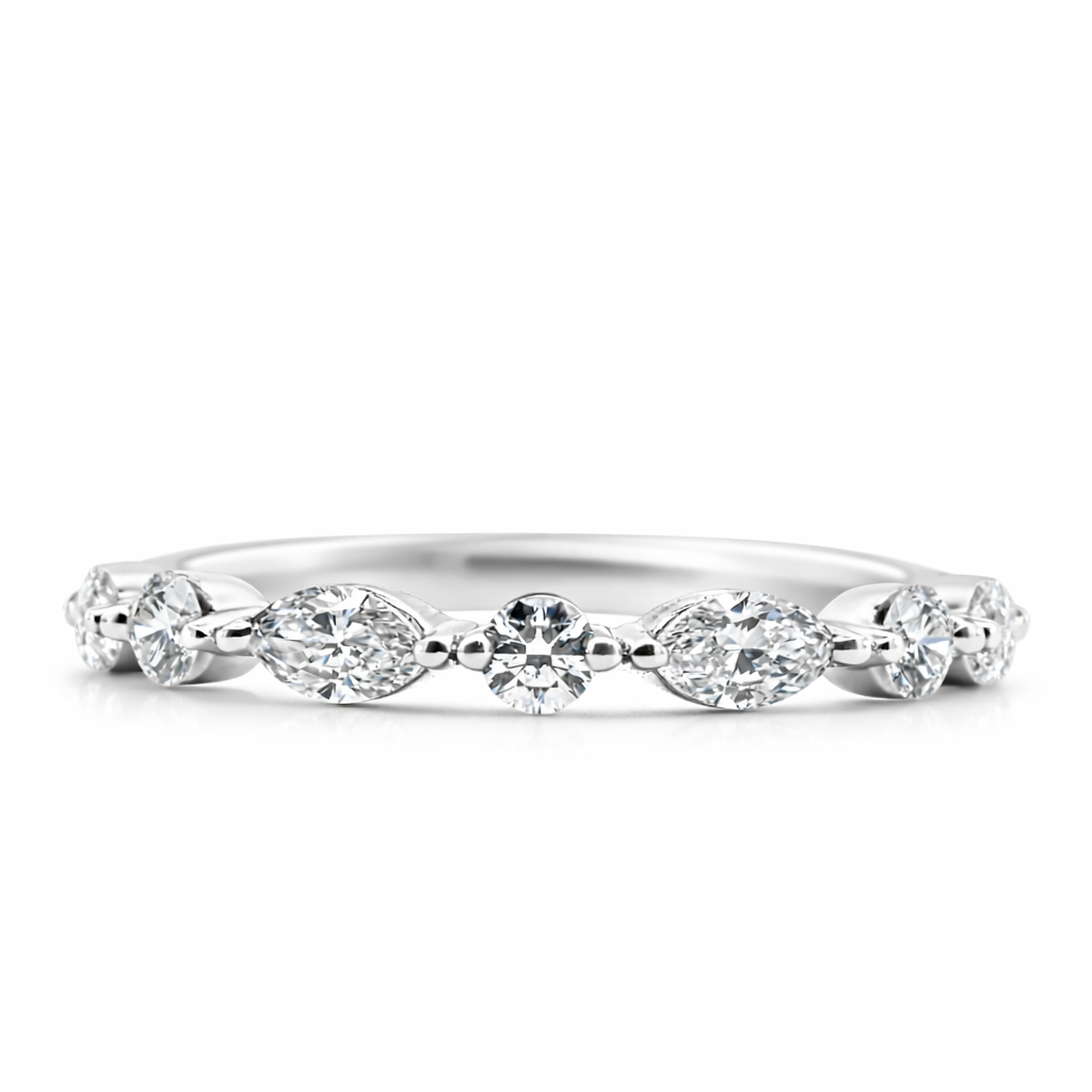 14k White Gold Single Row Marq. & Rd  Dia. Style Ring Size 6.5 - Fine Jewelry | Bust Down & Co