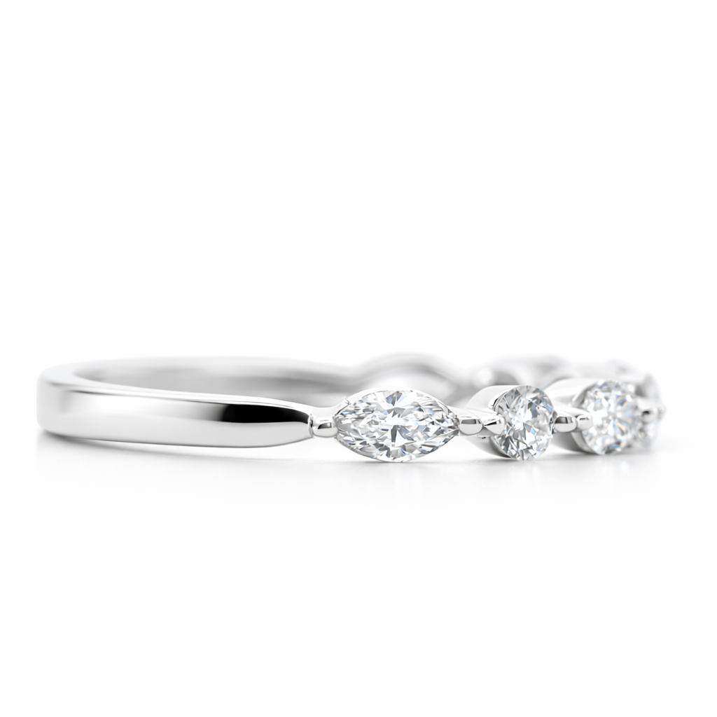 14k White Gold Single Row Marq. & Rd  Dia. Style Ring Size 6.5 View 2 - Fine Jewelry | Bust Down & Co