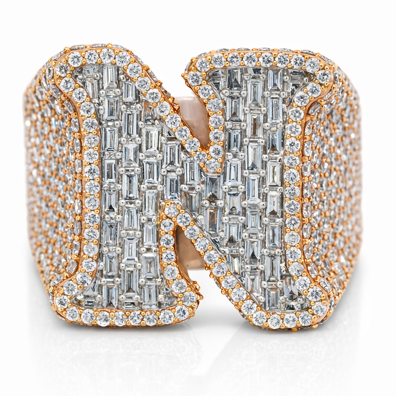 Men's 14K Rose Gold 4.29ct Diamond "N" Initial Ring - Size 10