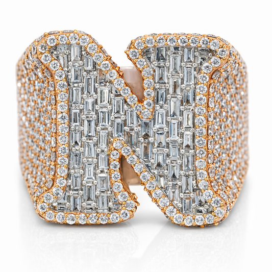 Men's 14K Rose Gold 4.29ct Diamond "N" Initial Ring - Size 10
