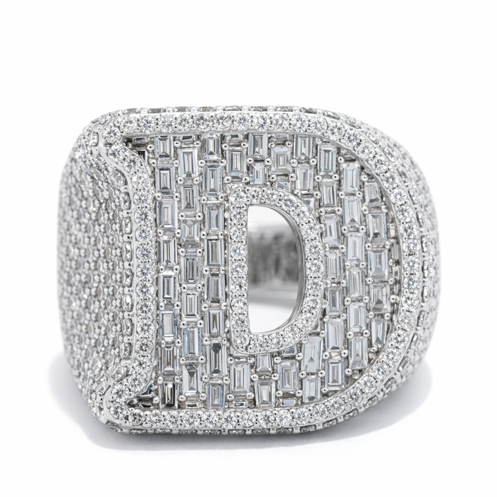 Anillo para hombre de oro blanco de 10K con diamante de 3.88CT y letra D inicial