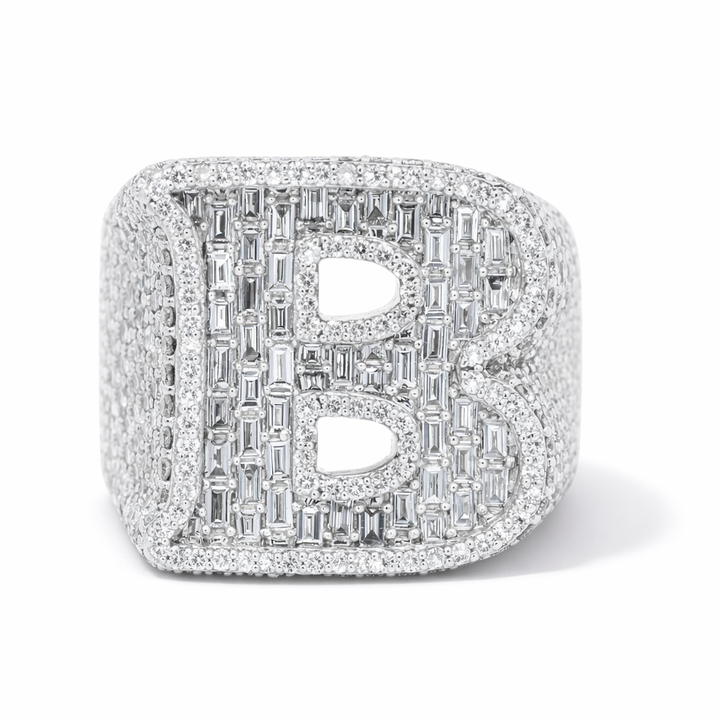 Anillo con inicial B de oro blanco de 10K y diamante de 4.10 CT para hombre