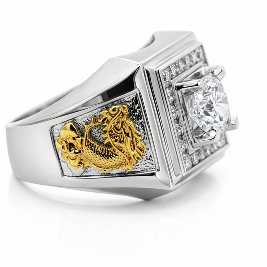 White gold dragon engraved ring with diamonds 