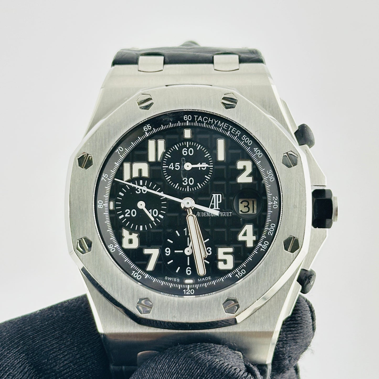 Audemars Piguet Royal Oak Offshore Black Arabic Chrono Dial on Black Leather Strap Ref. 26170ST Papers 2012 — view 3