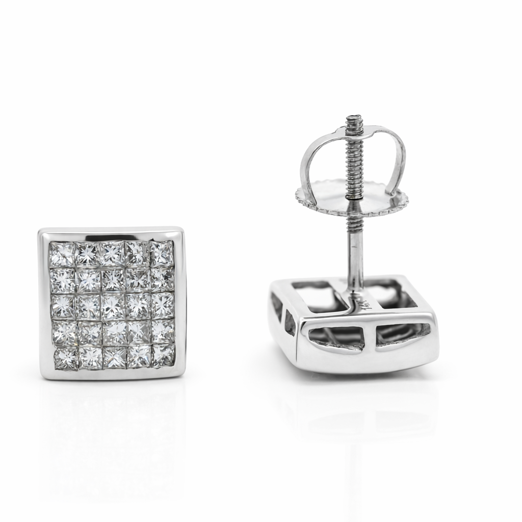 14k White Gold Princess Cut Diamond Earrings - 0.75ct