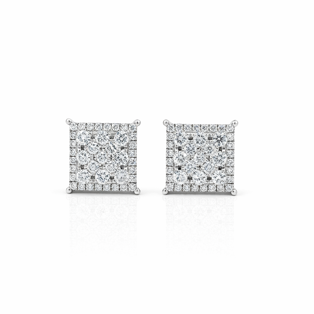 14K White Gold Square Diamond Cluster Earrings - 1.50 CTW