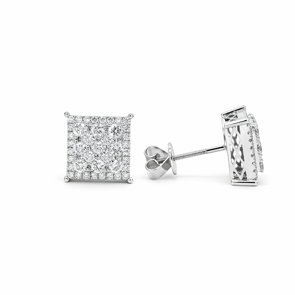 14k White Gold Sqaure Clusters Earrings - Fine Jewelry | Bust Down & Co