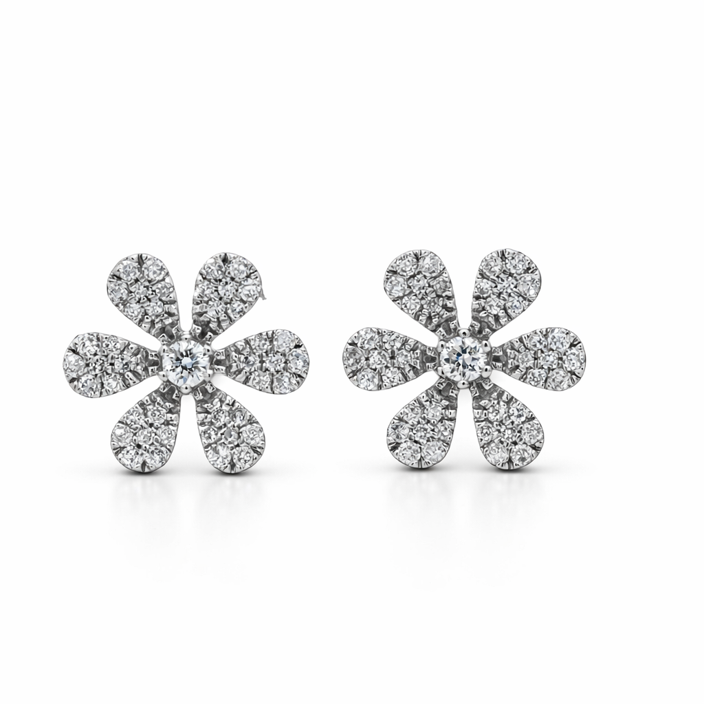 14K White Gold 6-Petal Flower Diamond Earrings (0.30 CTW)