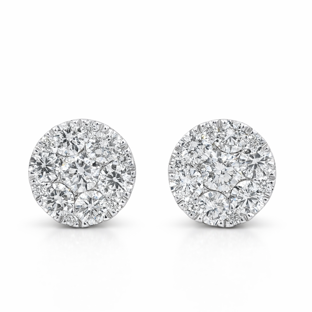 14K White Gold Round Cluster Diamond Earrings 1.57ct