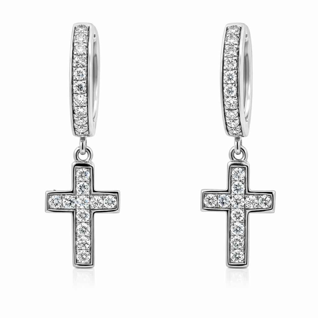 14K White Gold Dangle Cross Diamond Huggie Earrings - 0.55 CTW