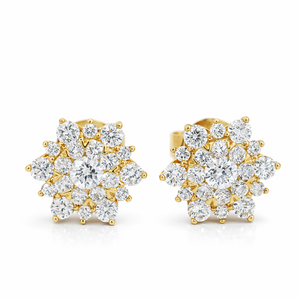 18k Yellow Gold Star Cluster Diamond Earrings - 0.83ct