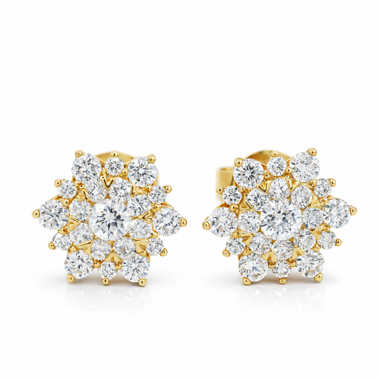 18k Yellow Gold Star Cluster Diamond Earrings - 0.83ct