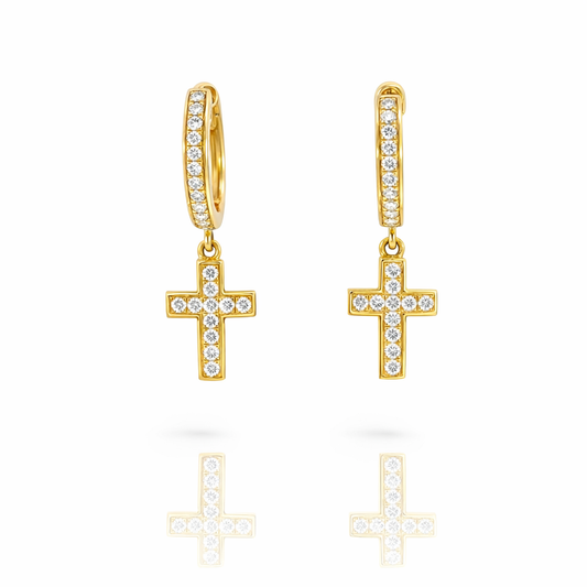 14k Yellow Gold Dangle Cross Diamond Huggie Earrings - 0.55ct