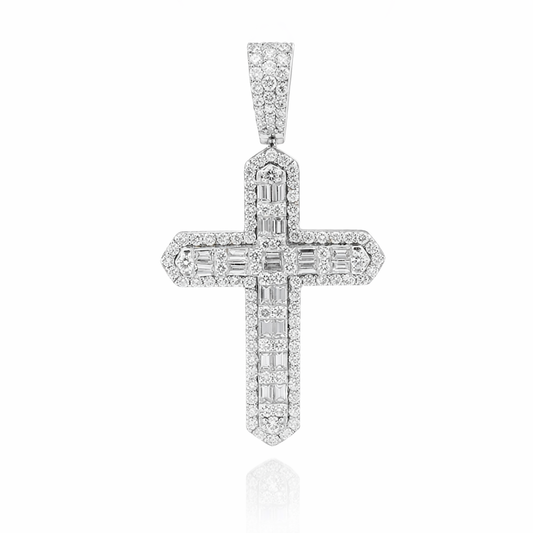 14K White Gold 3.20CT Diamond Cross Pendant Pointed Ends