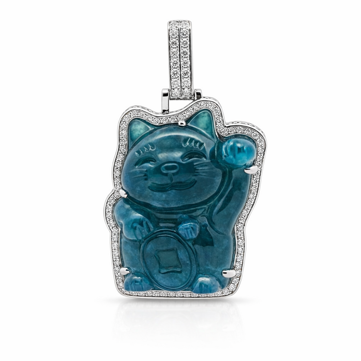 Colgante de oro blanco de 14 quilates con diseño de Hello Kitty, jade azul hielo y diamantes