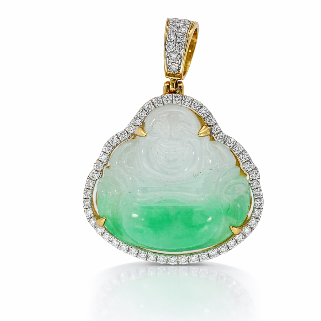 Jade pendant with gold frame and diamond accents on a white background
