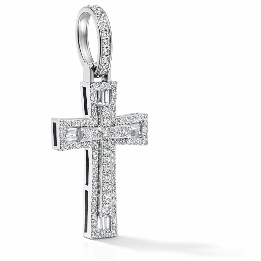 10K White Gold 0.70 CTW Diamond Round Baguette Cross Pendant