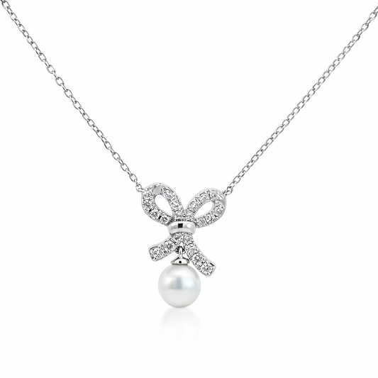 14k White Gold Dia. Bow. W/ Pearl Pendant - Fine Jewelry | Bust Down & Co