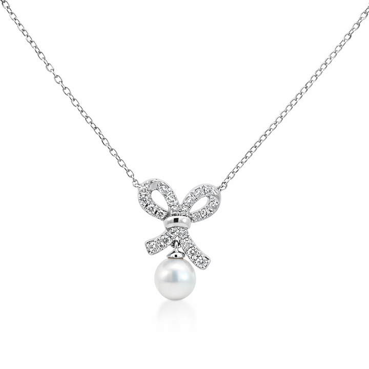 14K White Gold 0.15 CTW Diamond and Pearl Bow Pendant