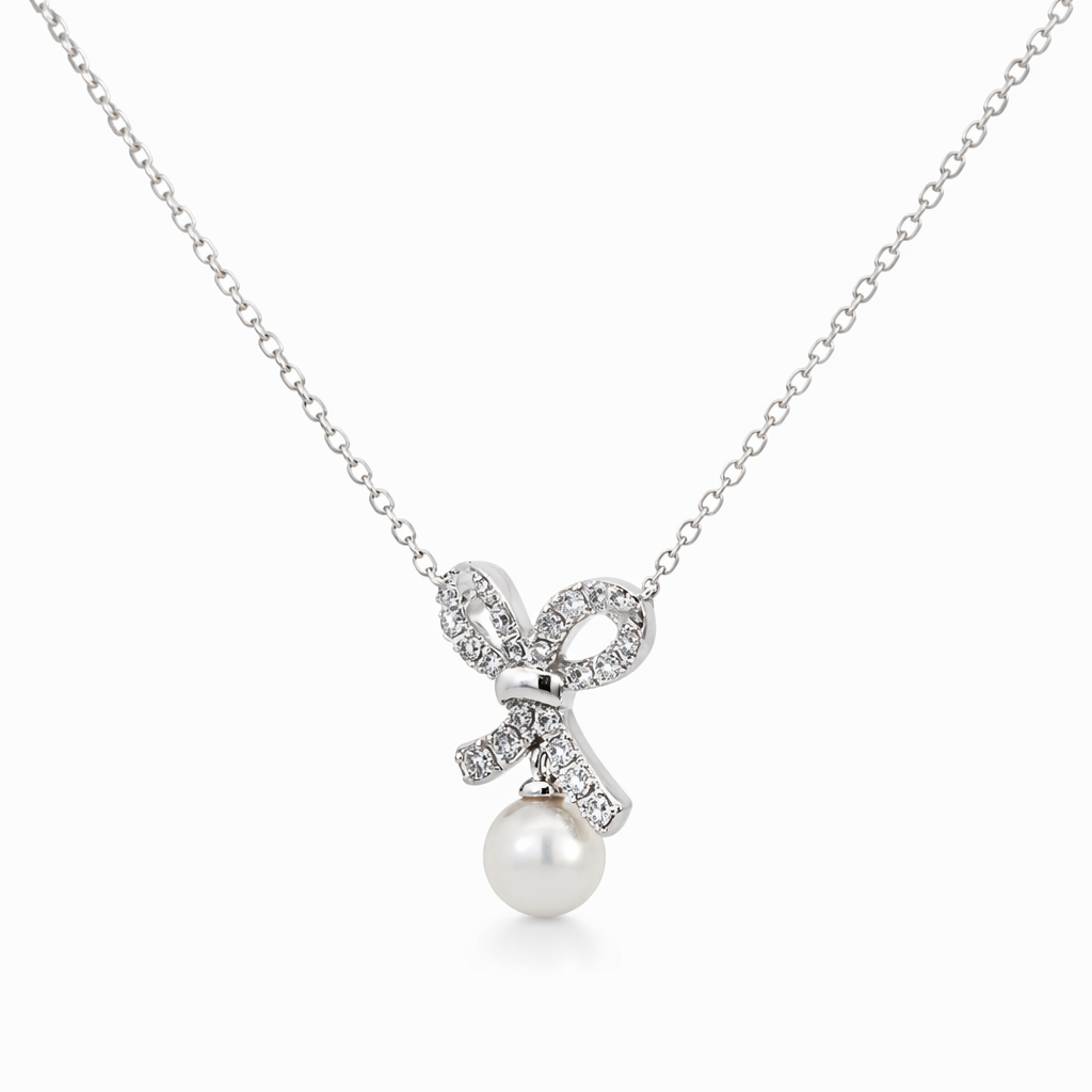 14k White Gold Dia. Bow. W/ Pearl Pendant - Fine Jewelry | Bust Down & Co