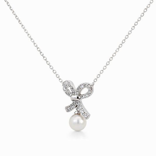 14k White Gold Dia. Bow. W/ Pearl Pendant - Fine Jewelry | Bust Down & Co