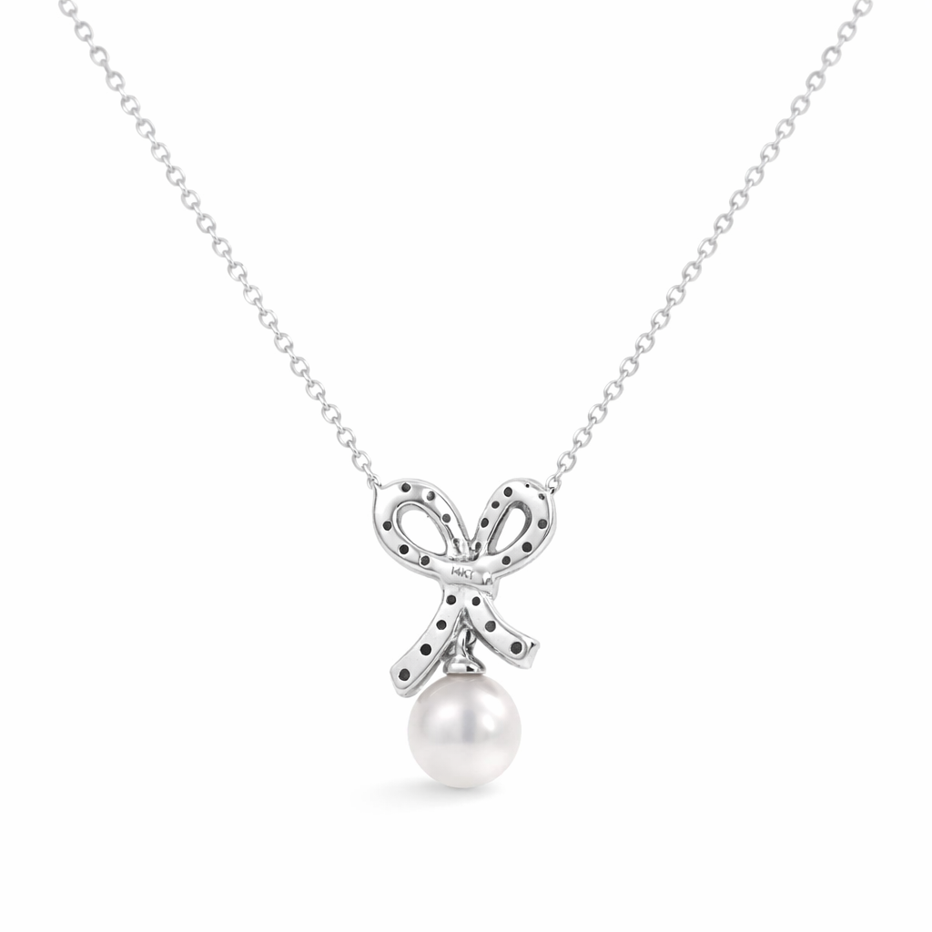 14k White Gold Dia. Bow. W/ Pearl Pendant - Fine Jewelry | Bust Down & Co
